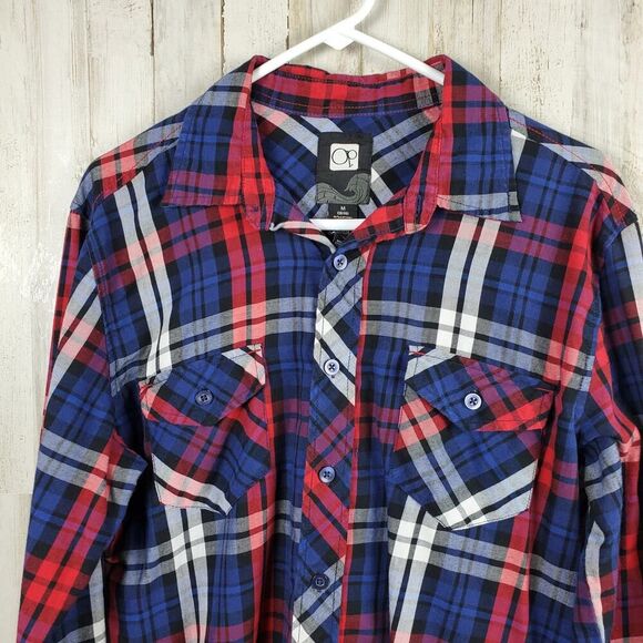 OP Plaid Button-Down Long Sleeve Shirt Blue Red Size Medium 38-40 - Picture 4 of 7